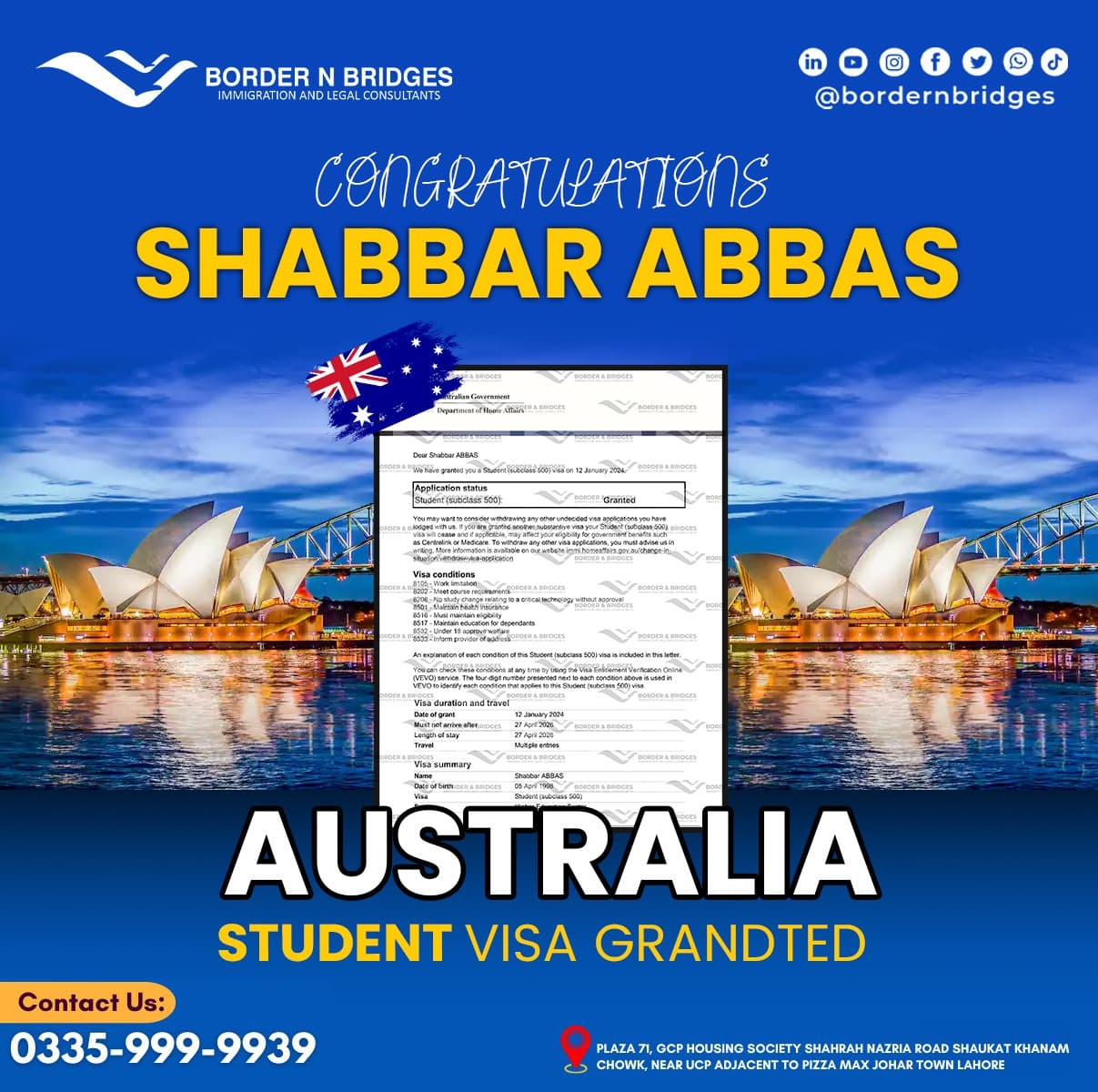 Visa approval poster 10 published by Borders and Bridges, with document numbers redacted